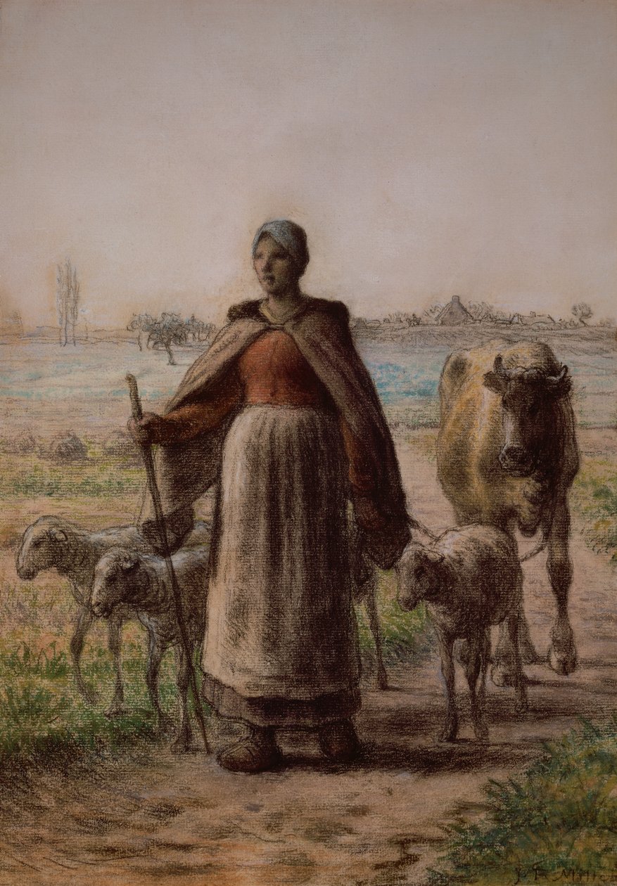 Rolnice vede její krávu a ovce do polí od Jean-Francois Millet