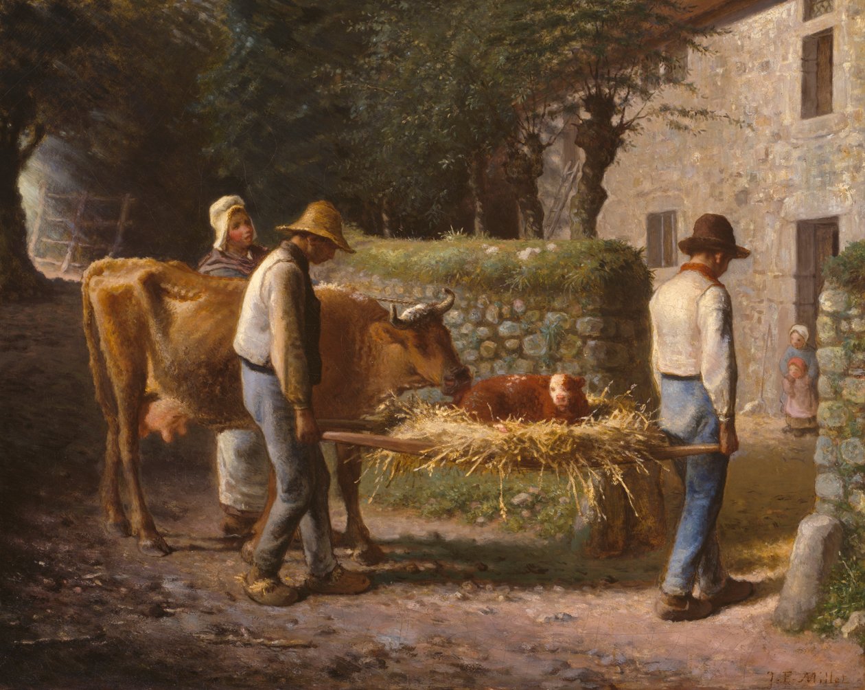 Sedláci přivádějí domů tele narozené na poli od Jean-Francois Millet