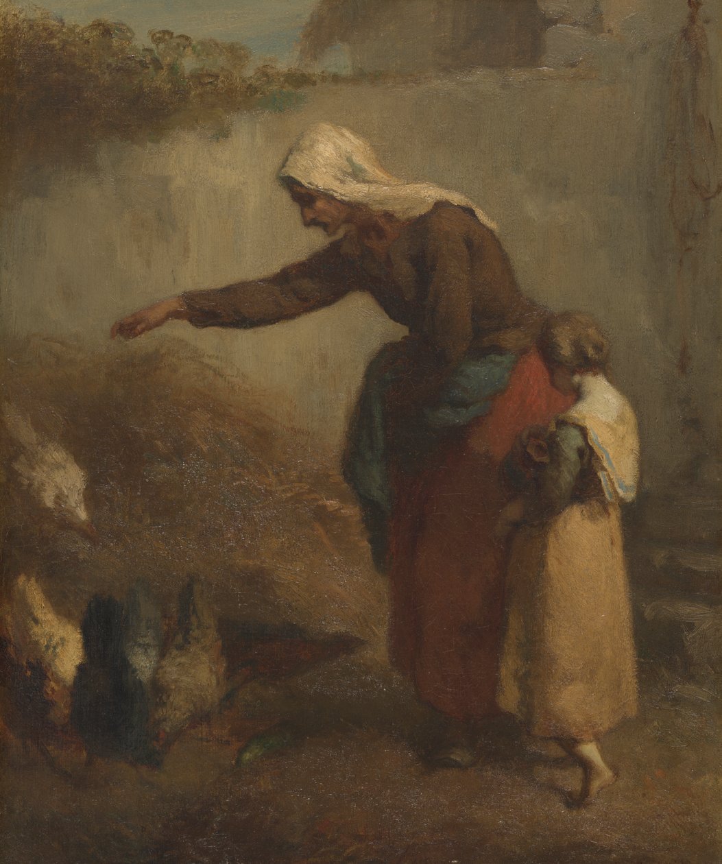 žena krmení kuřat od Jean-Francois Millet