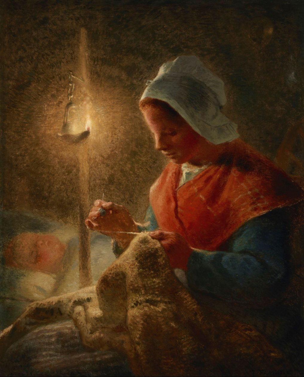 Žena šijící při světle lampy od Jean-Francois Millet