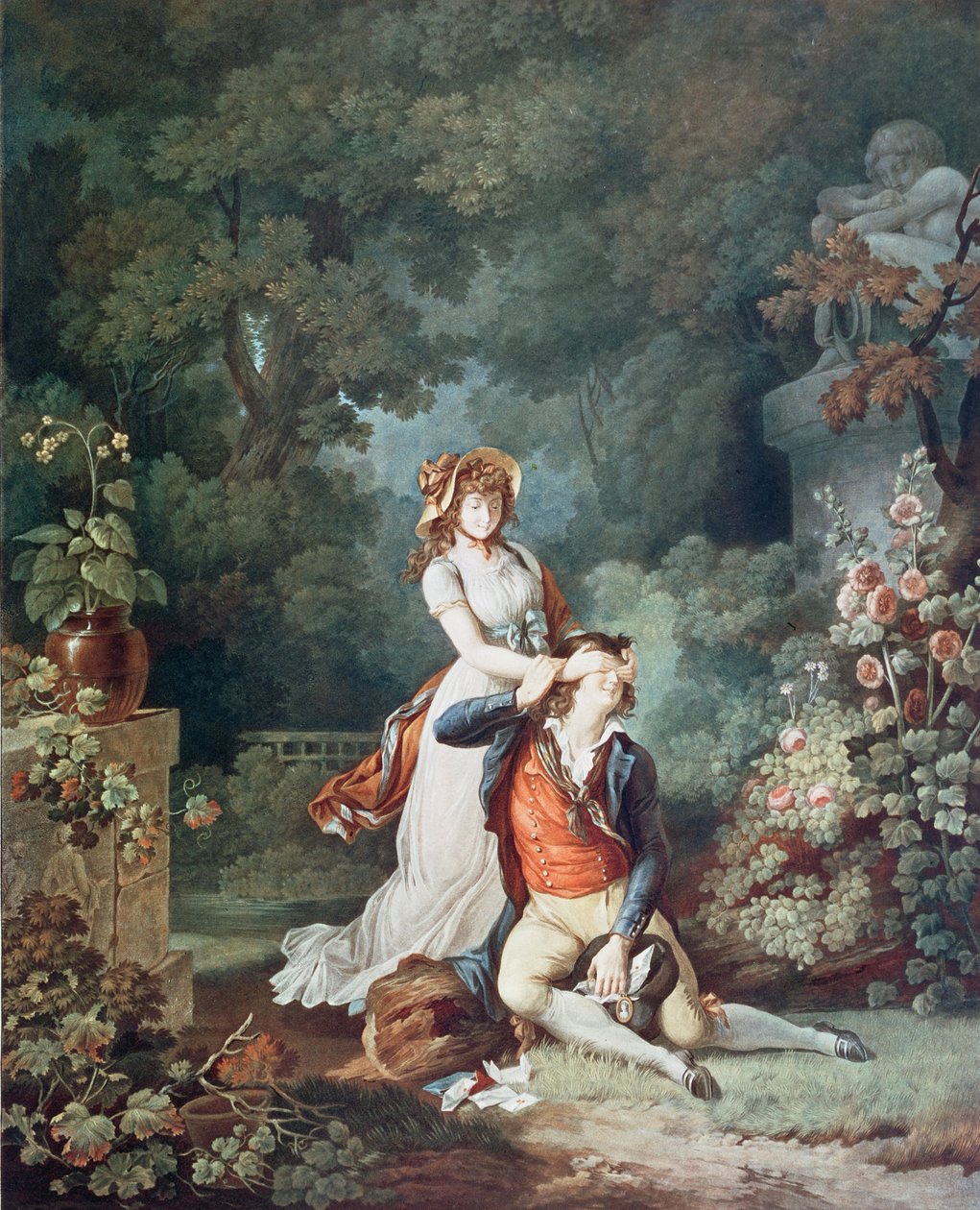 The Lover Surprised, vyrytý Charles Melchior Descourtis (1753-1820) (barevná rytina) od Jean Frederic (after) Schall