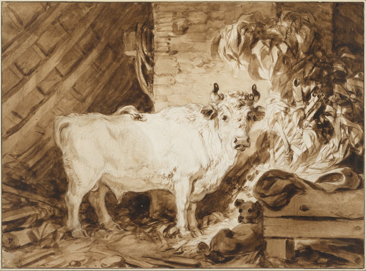 Bílý býk a pes ve stáji od Jean Honore Fragonard