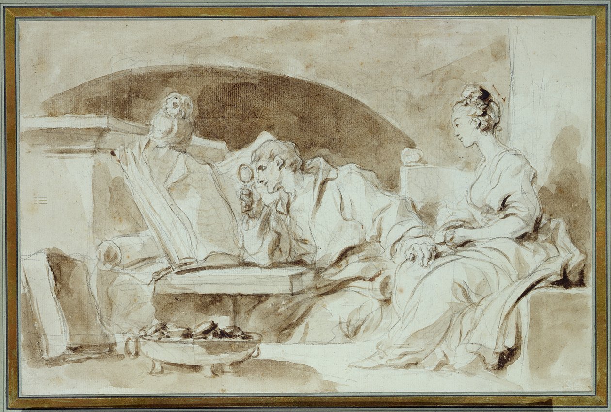 Mladá žena se radí s nekromancerem (sépie na papíře) od Jean Honore Fragonard