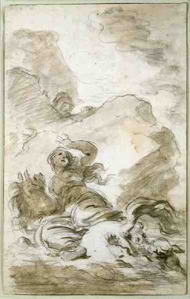 Angelica dosáhne pobřeží, kde čeká poustevník (křída, pero, inkoust a mytí na papíře) od Jean Honore Fragonard