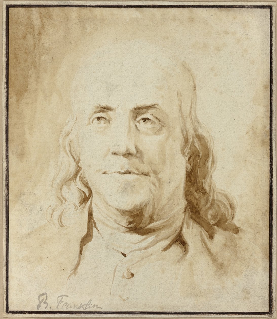 Benjamin Franklin, asi 1778 (štětec a hnědá tuš) od Jean Honore Fragonard