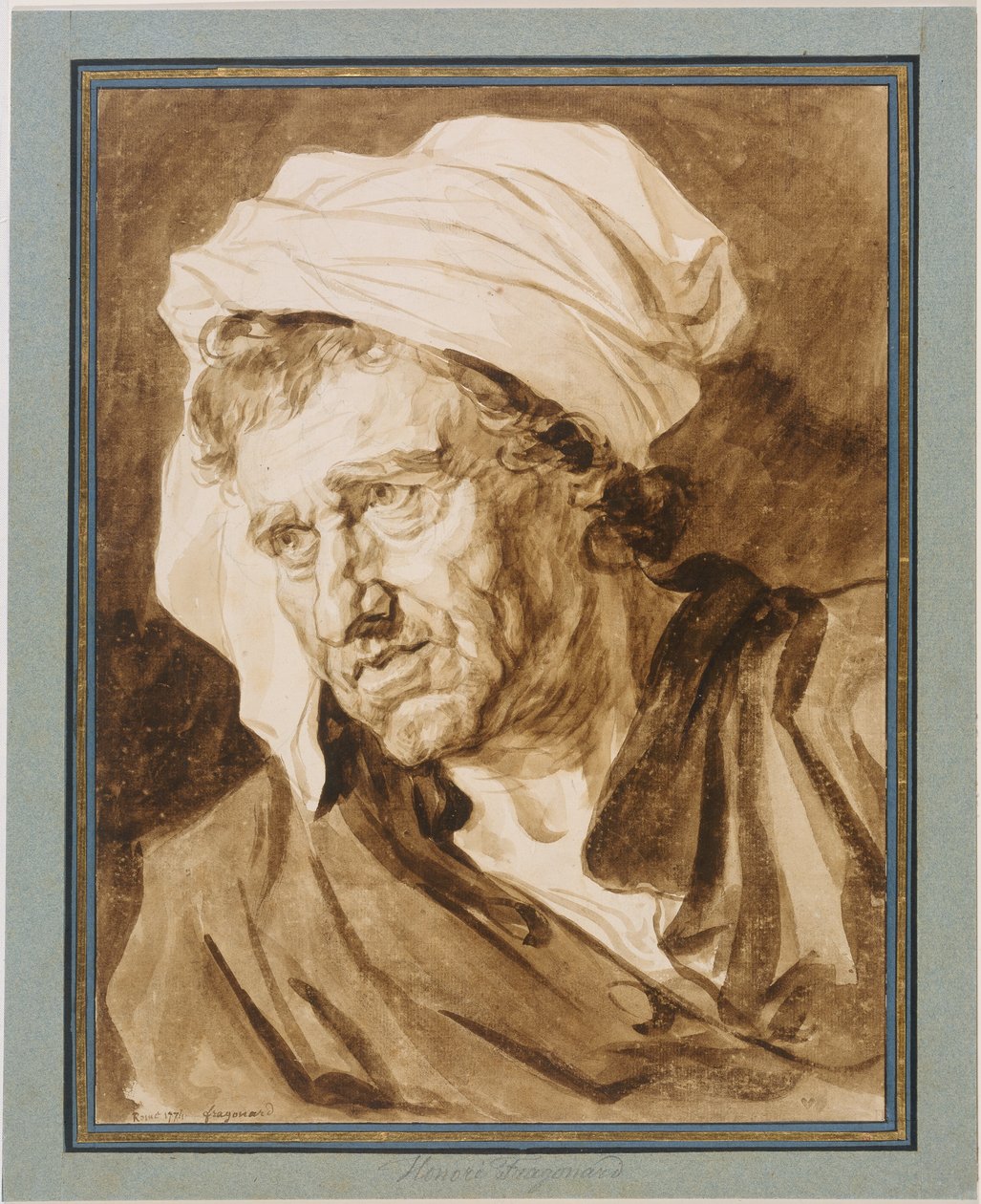 Kopf eines Mannes mit weißem Turban od Jean-Honore Fragonard