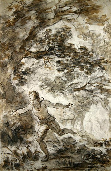 Ruggiero hledá Angeliku, která se stala neviditelnou (pero a inkoust, křída a mytí na papíře) od Jean Honore Fragonard