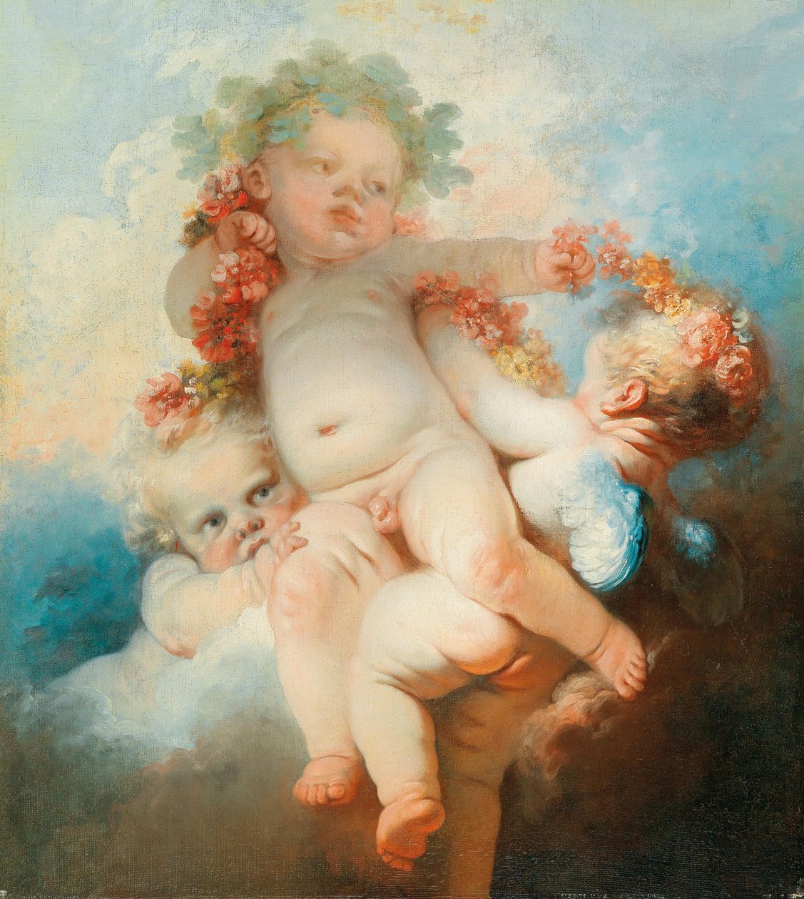 Kolme puttia seppeleenä kukilla (öljy kankaalle) od Jean Honore Fragonard