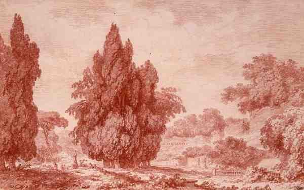 Pohled do parku (červená křída na papíře) od Jean Honore Fragonard