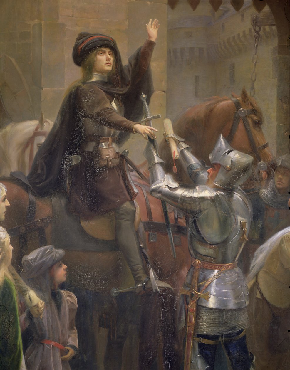 Johanka z Arku odcházející z Vaucouleurs, 23. února 1429 detail Baudricourta a Johanky z Arku, 1887 olej na plátně od Jean Jacques Scherrer
