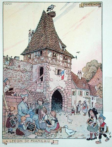 Francouzský voják vyučující francouzštinu alsaským dětem, které se znovu staly francouzskými občany, ilustrace z 