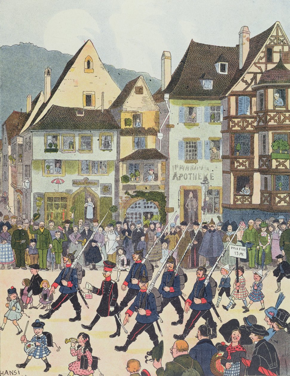 Herr Forstner opouští Saverne se svými vojáky po nákupu čokolády v roce 1913, ilustrace z „Histoire d