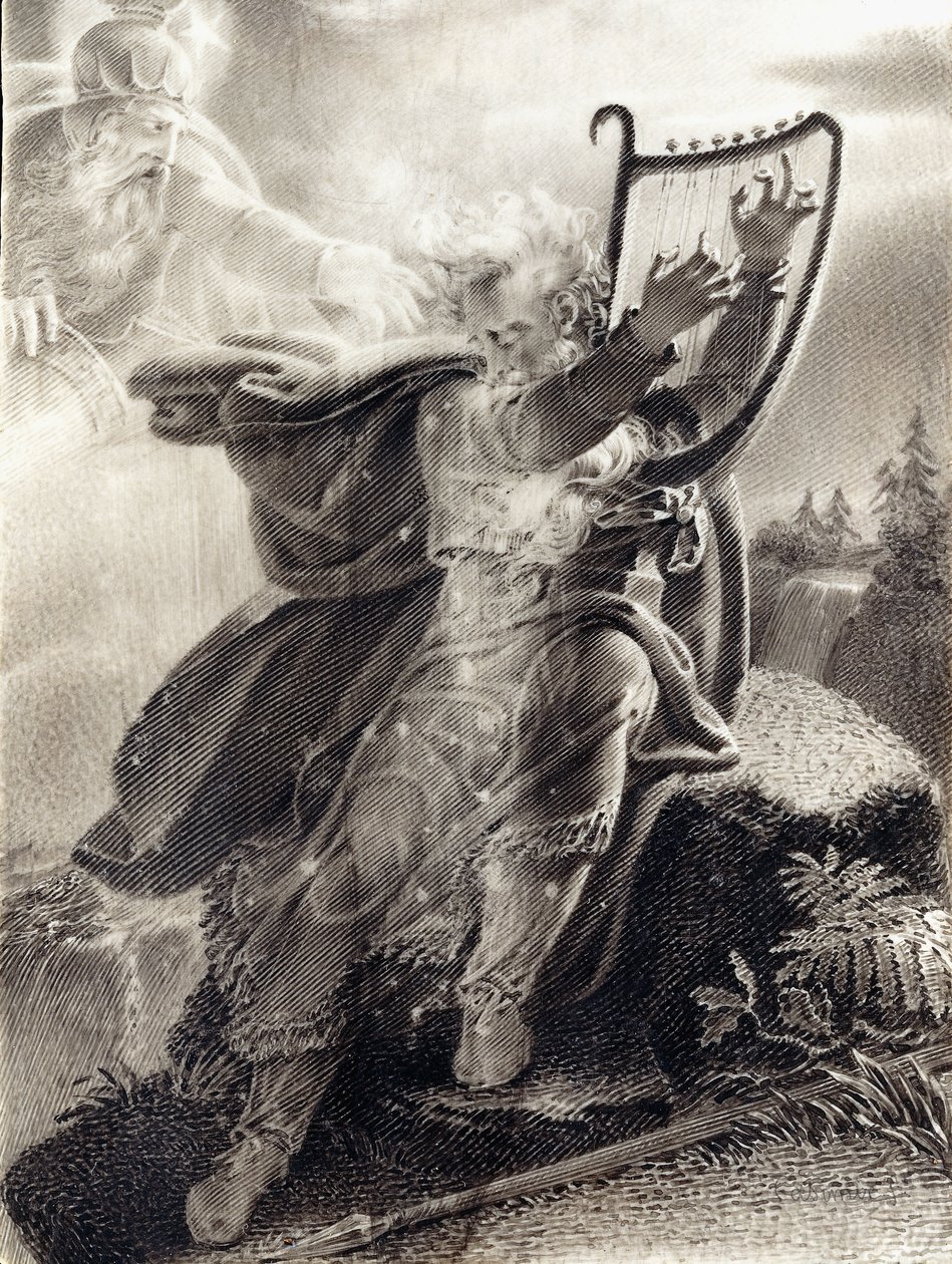 Ossian hrající na harfu od Jean Jacques Casimir Karpff