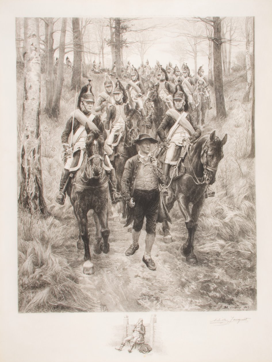 Francouzská kavalérie putující lesem s průvodcem, vyryla Achilles Jacquet (1846-1908) od Jean Louis Ernest Meissonier