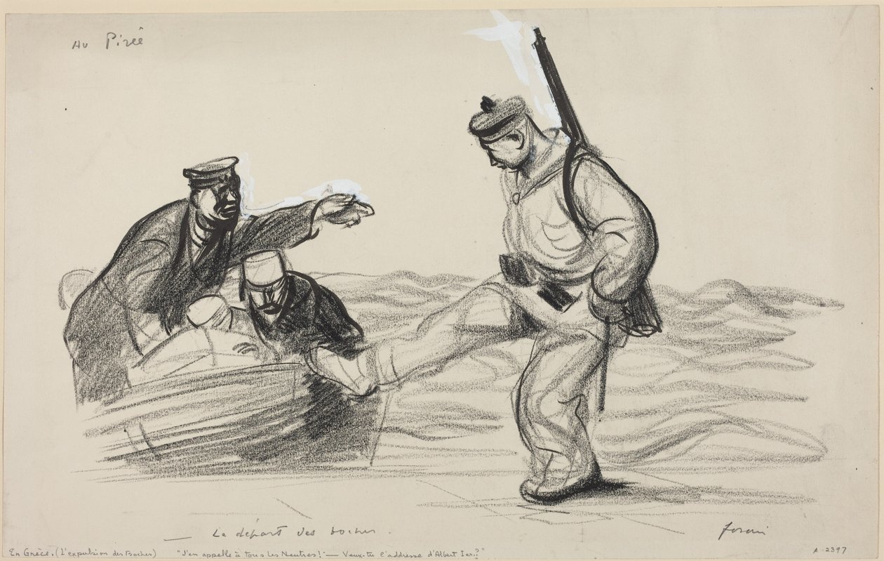 Au Piree. -Le depart des boches., asi 1914-1919 (kresba) od Jean-Louis & Caran D