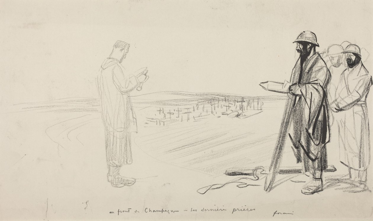Na frontě u Champagne - Poslední modlitby, cca 1914-1919 (černá tuš na papíře) od Jean-Louis & Caran D