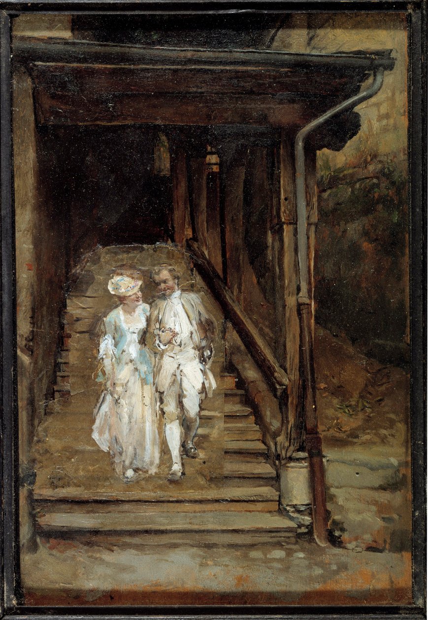 Dřevěné schodiště Cathedrale de Lausanne aneb „Filozof Jean Jacques Rousseau et madame de Warens“ Obraz Jean Louis Ernest Meissonier (1815-1891) Slunce 19. století. 0,2x0,14m od Jean Louis Ernest Meissonier