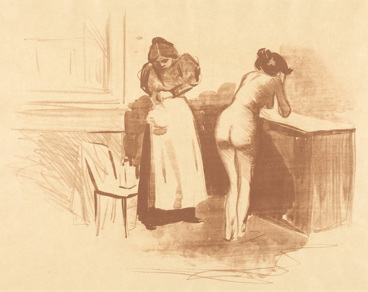 Tření rukavicí z koňských žíní (deska s lavírováním a kresbou) (The Massage with Coarse Hair Glove) (Wash and Line plate) od Jean-Louis Forain