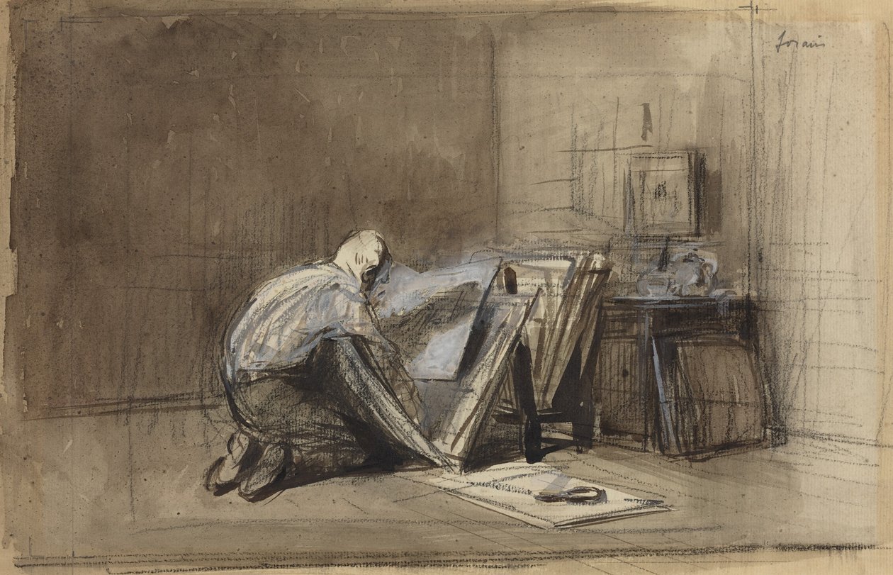 a) Znalec tisků (recto); b) Skica znalce tisků (verso) od Jean-Louis Forain
