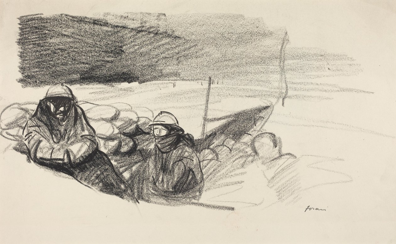 a) Dva vojáci v zákopu (líc); b) Interiér s postavami sedícími za stolem (rub) od Jean-Louis Forain