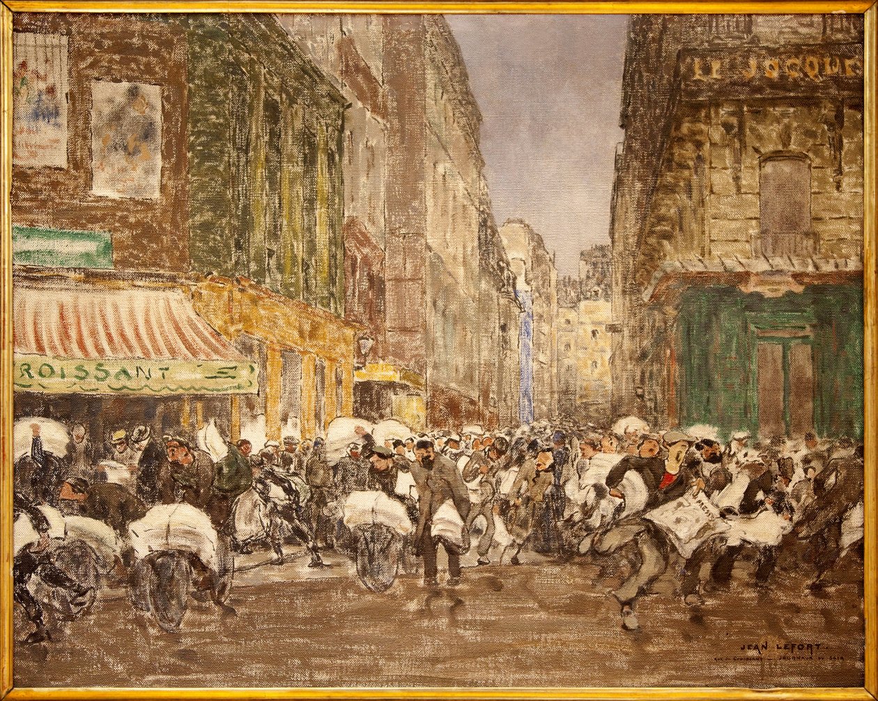 Vydávání večerních novin, rue du Croissant v roce 1914, Obraz Jeana Louise (Jean-Louis) Leforta (1875-1954), zobrazující činnost tisku tradičně zavedeného ve velké části 2. pařížského obvodu, V kavárně du Cr od Jean Louis Lefort