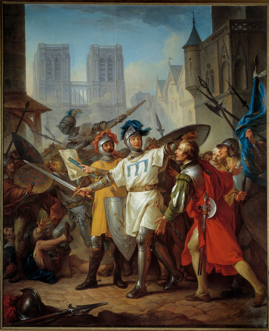 Stoletá válka: “” Vstup francouzské armády do Paříže, 13. dubna 1436”. Francouzi pronásledují Angličany. Obraz Jeana Simona Berthélemyho (1743-1811). 1787 ne. 2,62x3,83 m Muzeum paláců ve Versailles a Trianonu - stoletá válka: Vstup č. od Jean Simon Berthelemy