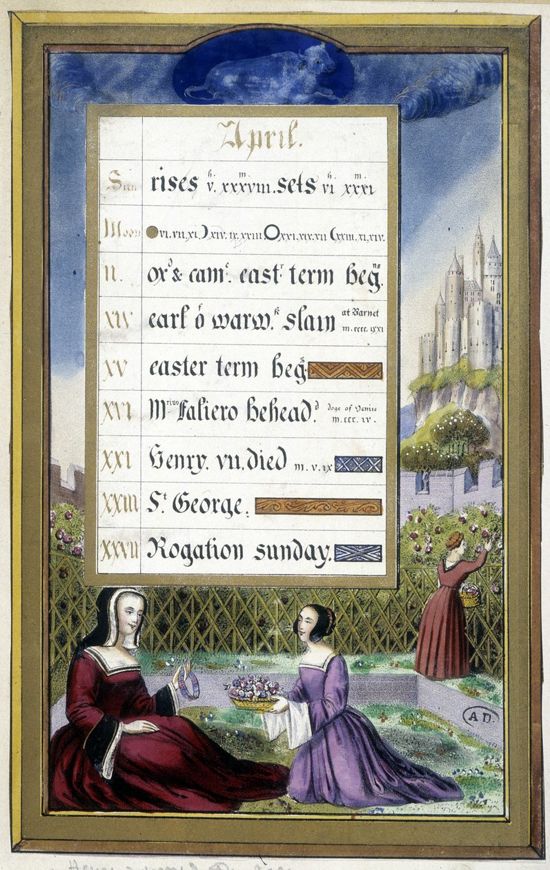 Duben: Dámy v zahradě (Taurus) - faksimile Hodiny Anny Bretaňské od Jean Bourdichon od Jean (after) Bourdichon