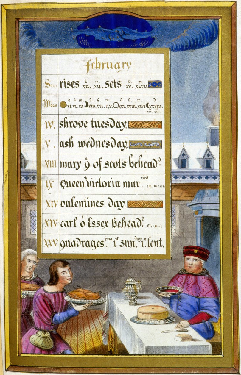 Únor: Meal Scene (ryby) - faksimile hodin Anny Bretaňské od Jean Bourdichon od Jean (after) Bourdichon