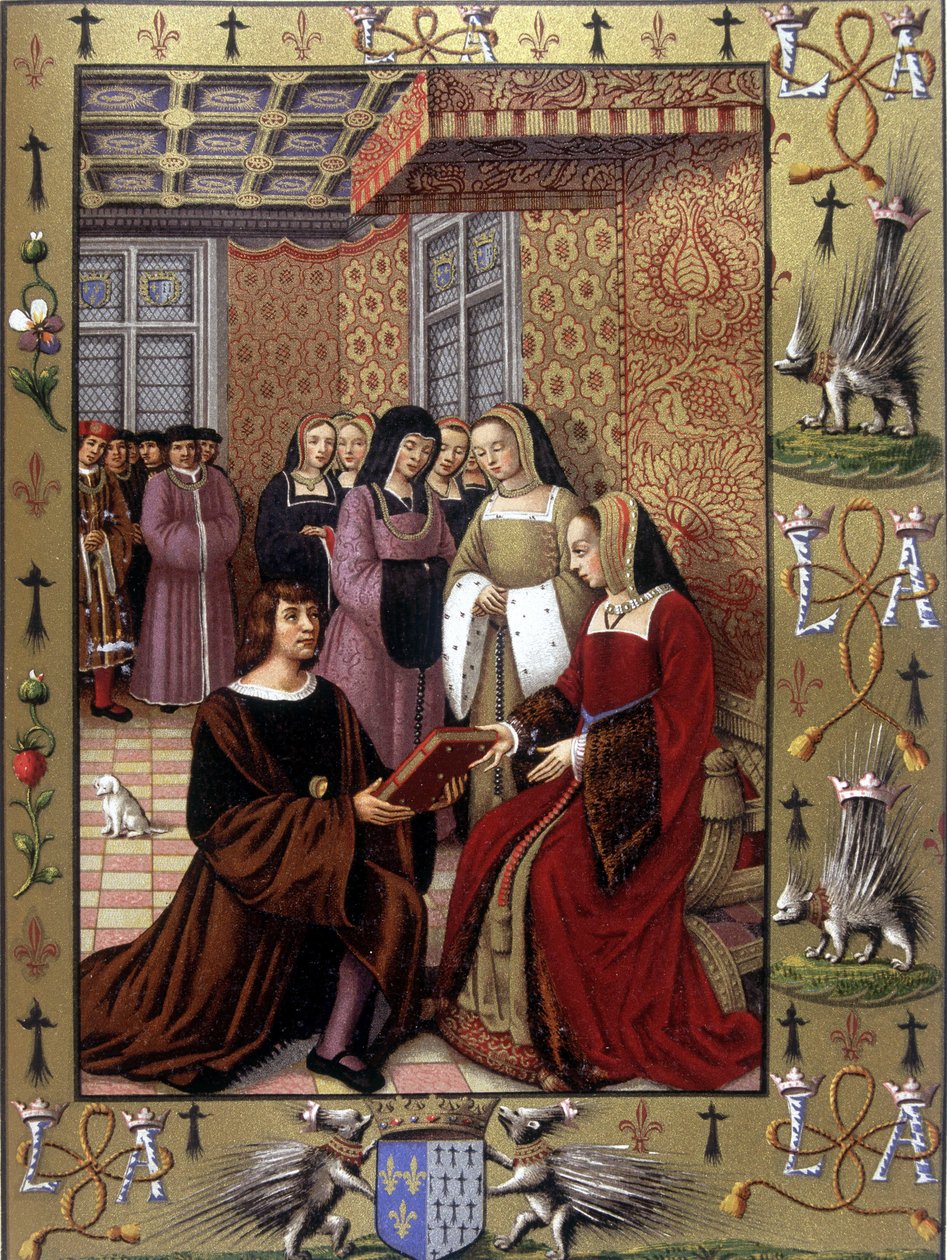 Jean Marot nabízí svou knihu Le Voyage de Genes královně Anně Bretaňské po iluminaci Jeanem Bourdichonem, kolem roku 1508 od Jean (after) Bourdichon
