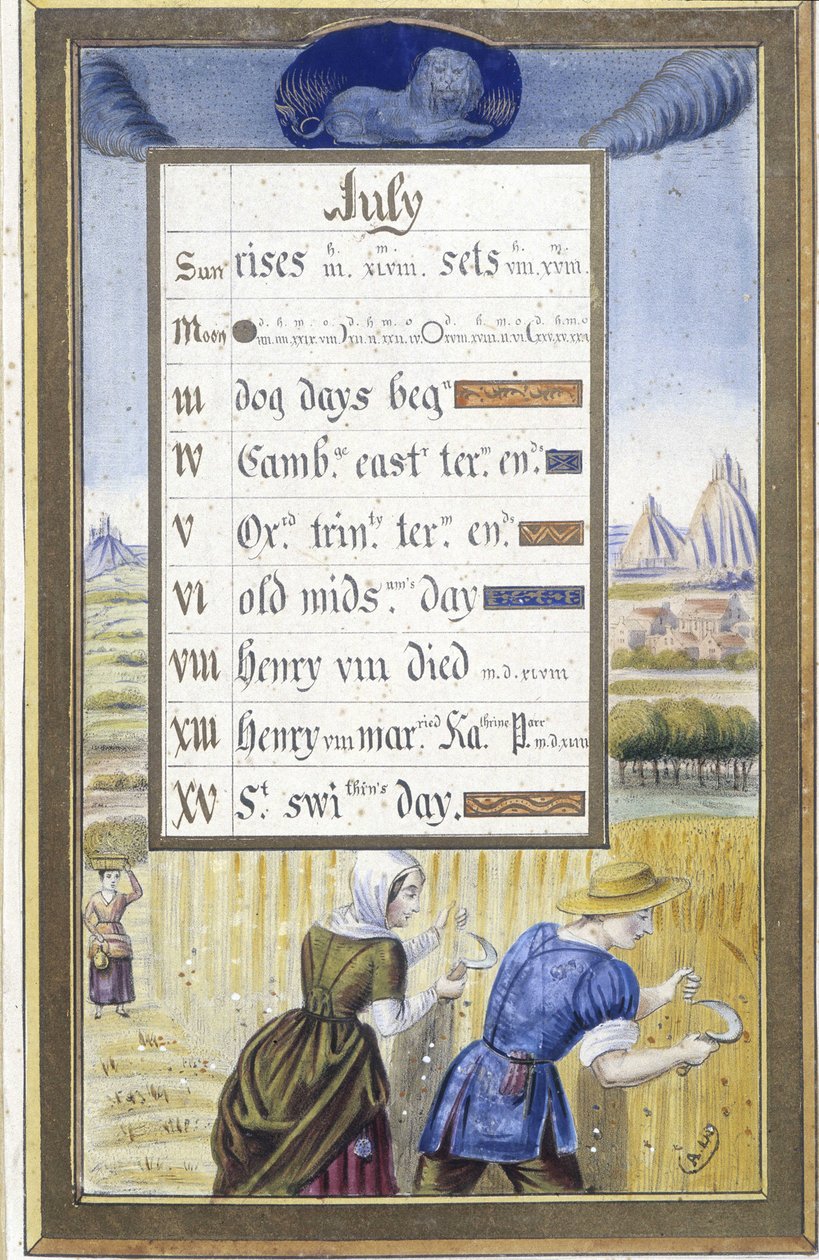 Červenec: sklizeň (lev) - faksimile hodin Anny Bretaňské od Jean Bourdichon od Jean (after) Bourdichon