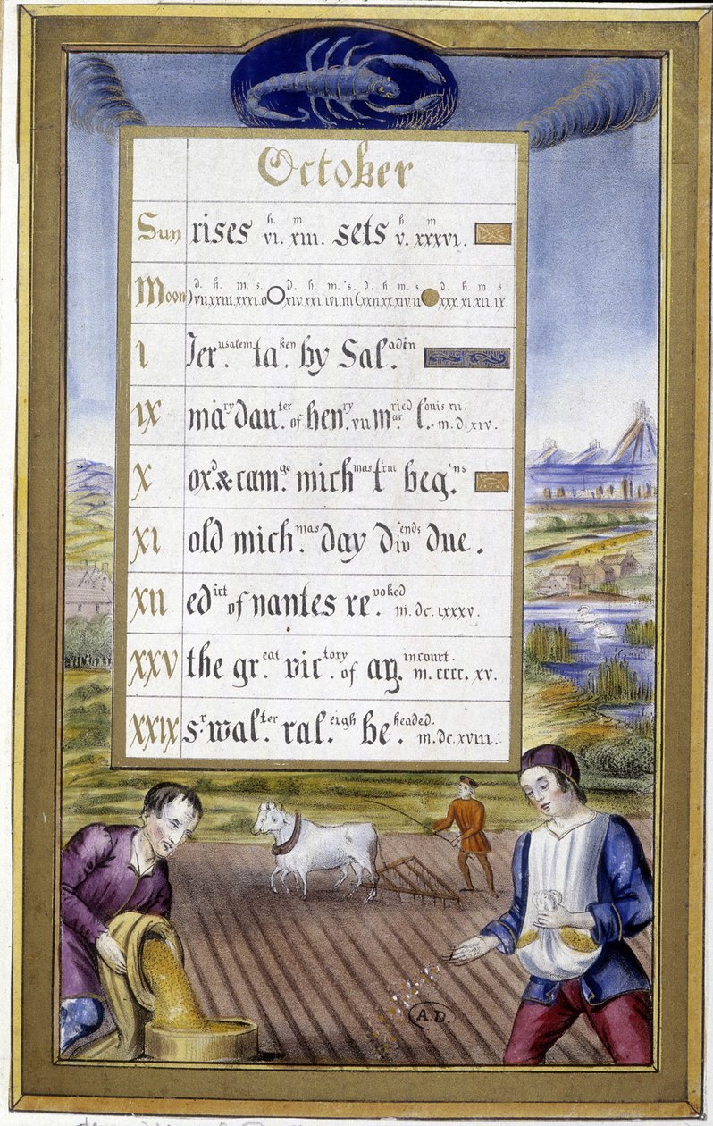 Říjen: orba a setí, znamení štíra - v „Knize hodin Anny Bretaňské““ od Jean Bourdichon od Jean (after) Bourdichon
