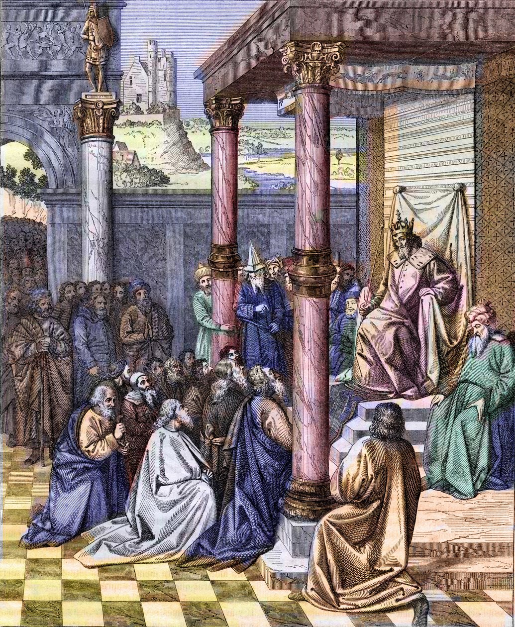 Kýros II. Veliký (580 př. n. l. - 530 př. n. l.), král Persie, osvobodil Judejce vyhnané do Babylóna v roce 539 př. n. l. Rytina podle miniatury Jeana (Jehana) Fouqueta (asi 1420 -1477/1481). Rytina od Chevignarda od Jean (after) Fouquet
