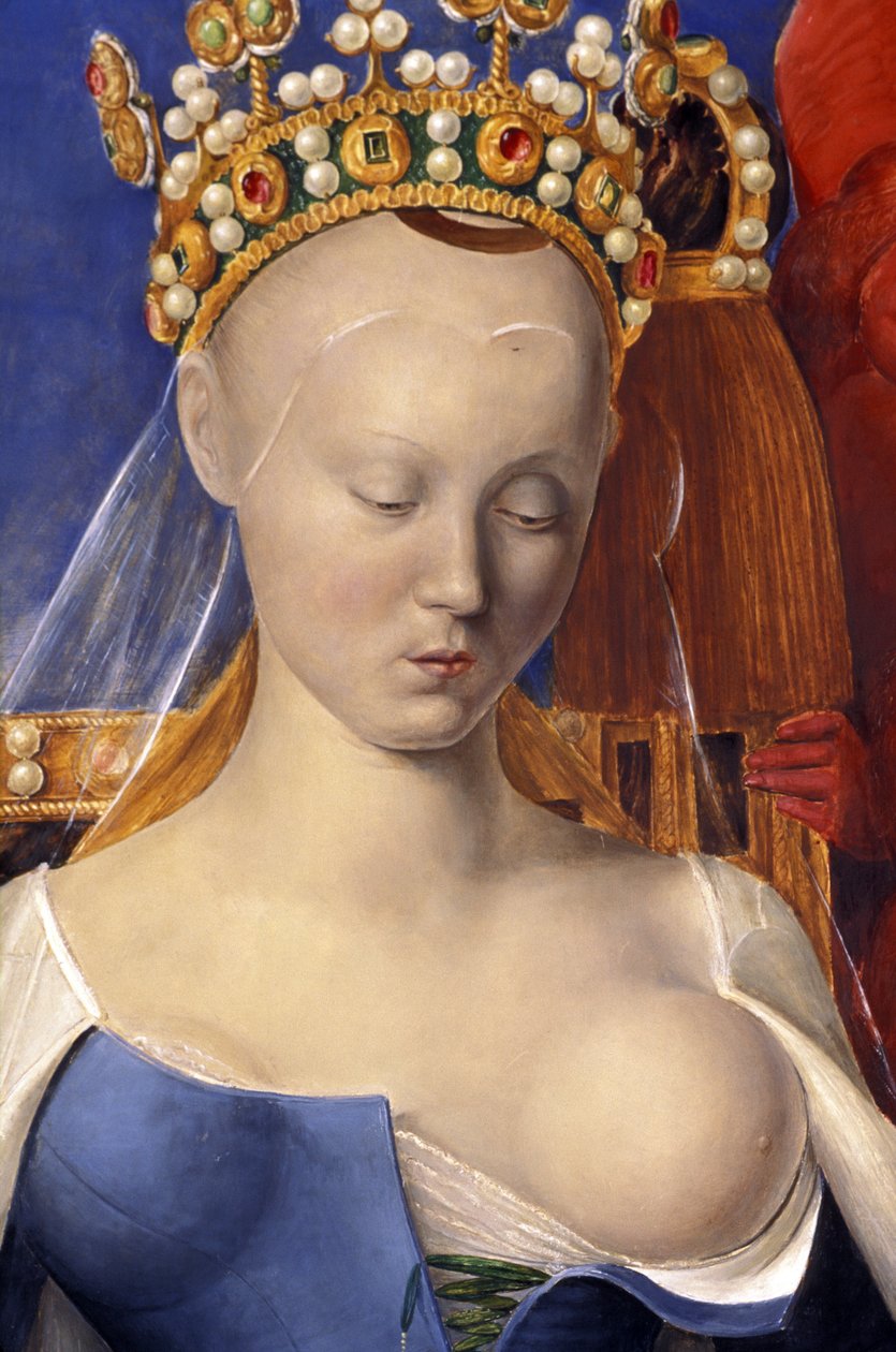 Detail kojící Panny zobrazené jako Agnes Sorel (po Panně z Antverp, Jean Fouquet, cca 1452-1455) od Jean (after) Fouquet
