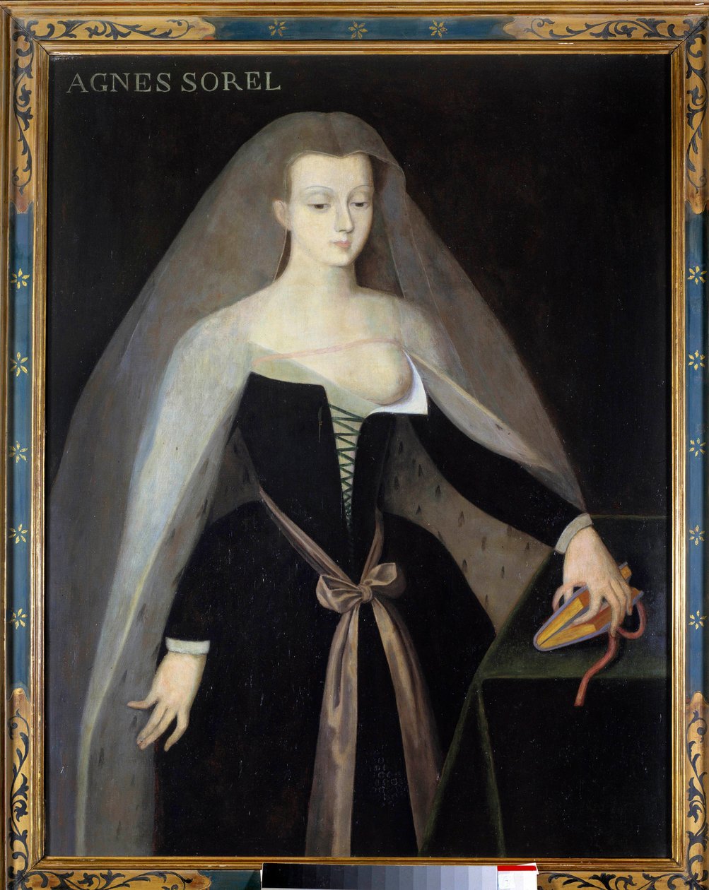 Portrét Agnes Sorel (1422-1450) (Lady z Beaute sur Marne) (Beaute-sur-Marne), oblíbenkyně krále Karla VII. (1422-1461) Její prsa jsou obnažená. Obraz podle Jeana Fouqueta 16. století, zámek Royal de Loches - Portrét Agnes Sorel (1422-1450) (paní od Jean (after) Fouquet