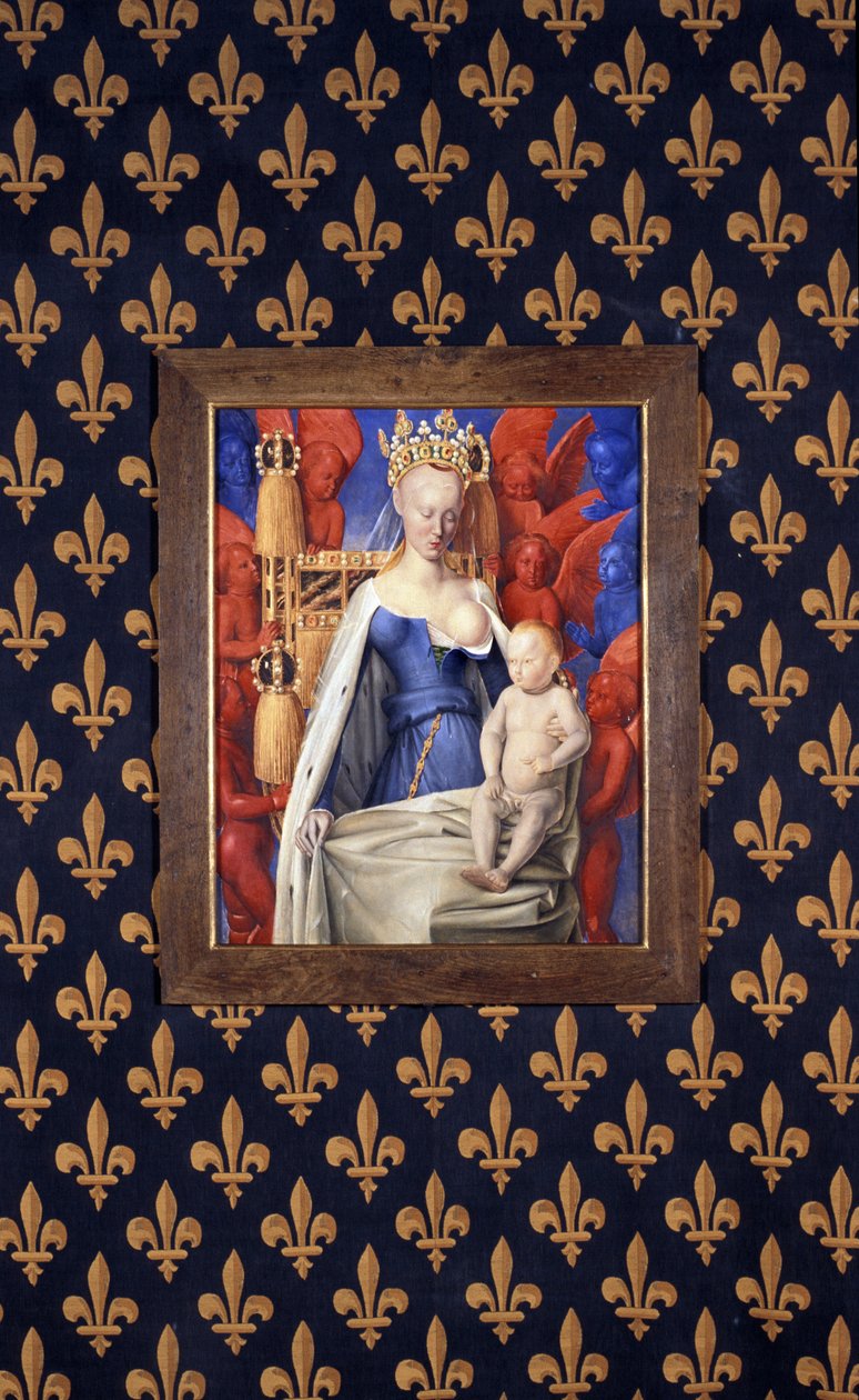 Kojící Panna v hermelínovém plášti vyobrazená jako Agnes Sorel - (po Panně z Antverp, od Jeana Fouqueta, cca 1452-1455) od Jean (after) Fouquet