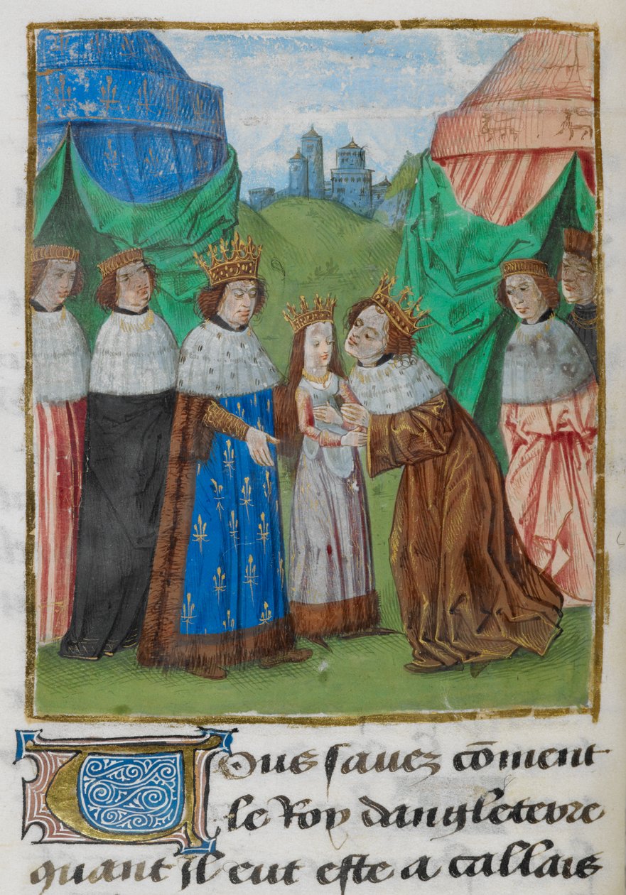 Anglický král Richard II. přijímá svou nevěstu Isabellu od jejího otce, francouzského krále Karla VI., ilustrace z 