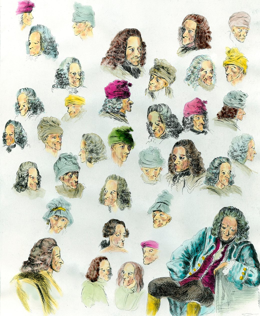 Různé výrazy a účesy spisovatele Francoise Marie Arouet de Voltaire (1694-1778) vytvořené podle obrazů Jeana Hubera (1721-1786) 18. století od Jean (after) Huber