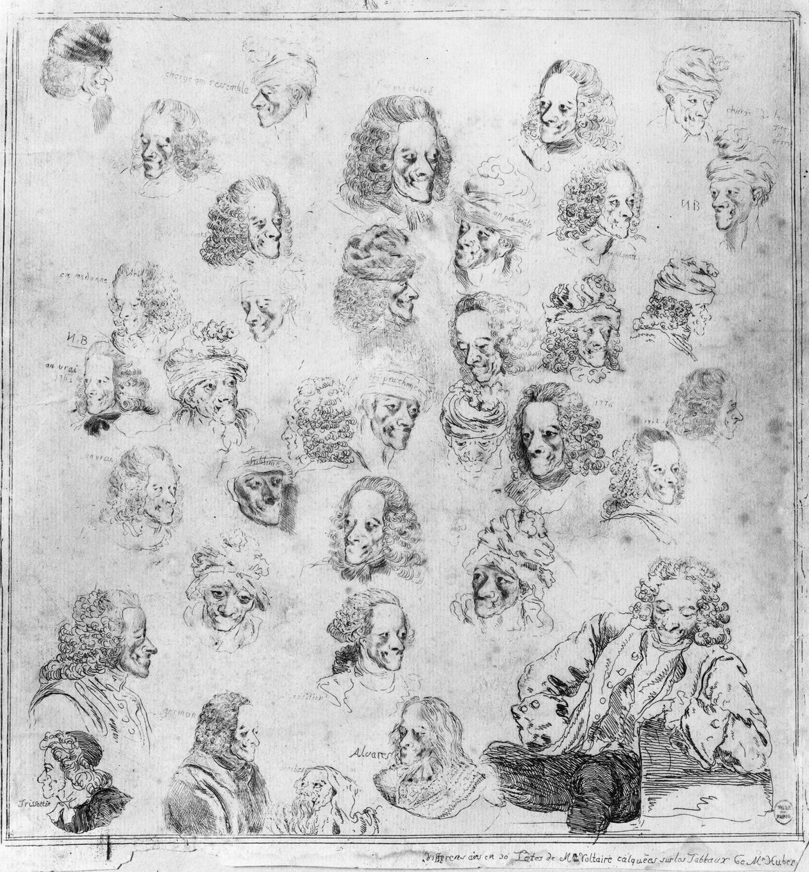 Různé melodie ve 30 Voltairových hlavách. Portréty Francoise Marie Arouet, dit Voltaire (1694-1778) „“různé Voltairovy fyziognomie“““. Silná voda připisovaná Dominique Vivant-Denon (Vivant Denon) (1747-1825) po Jean Huber (1721-1786). Muzeum C od Jean (after) Huber