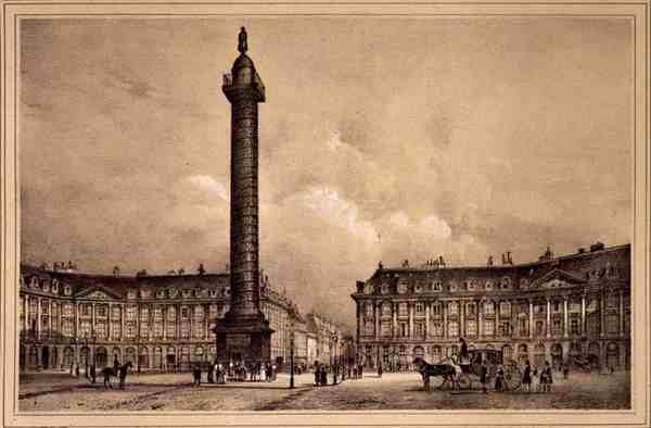 Pohled na repliku Trajanova sloupu na náměstí Place Vendome, publikoval Auguste Bry (litho) od Jean (after) Jacottet