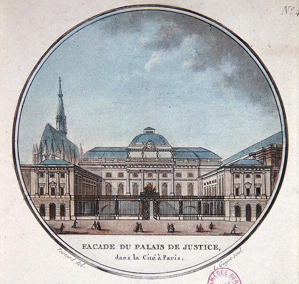 Fasáda Justičního paláce, cca 1785 (barevné lito) od Jean (after) Testard