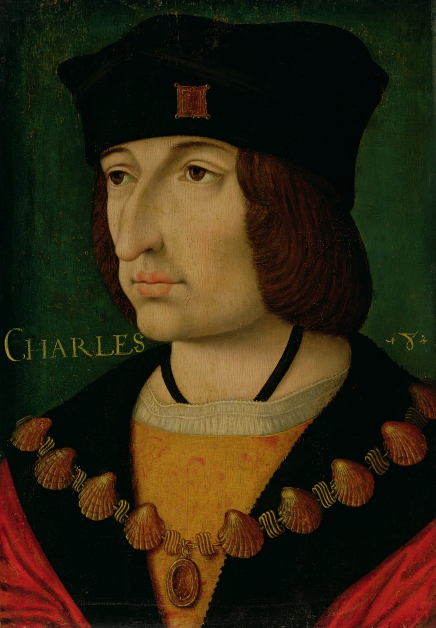 Portrét francouzského krále Karla VIII (1470-98) (olej na desce) (viz také 191337) od Jean (attr.to) Bourdichon