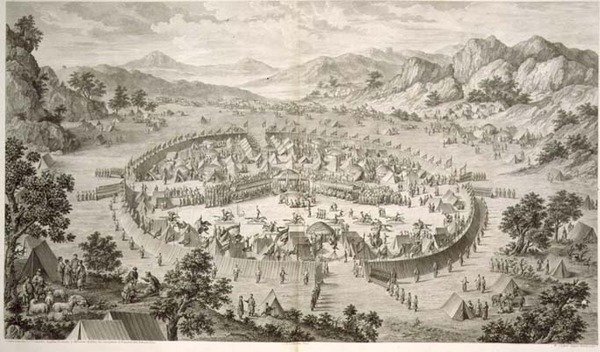 Tchao-Hoei obsazuje své jednotky cvičeními a vojenskými hrami v roce 1758, deska 5 ze série tisků představujících dobytí Qianlonga, čínského císaře, vyryl Pierre Philippe Choffard (1730-1809) 1772 (rytina) od Jean (d.1781) (after) Damascene