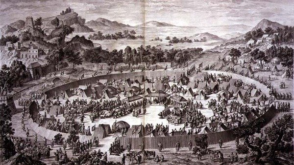 Tchao-Hoei ve svém táboře pod hradbami Yerechimu přijímá v červenci 1759 poctu obyvatel města a provincie, deska 4 ze série tisků představujících dobytí Qianlonga, čínského císaře, vyryl Pierre Philippe Cho od Jean (d.1781) (after) Damascene
