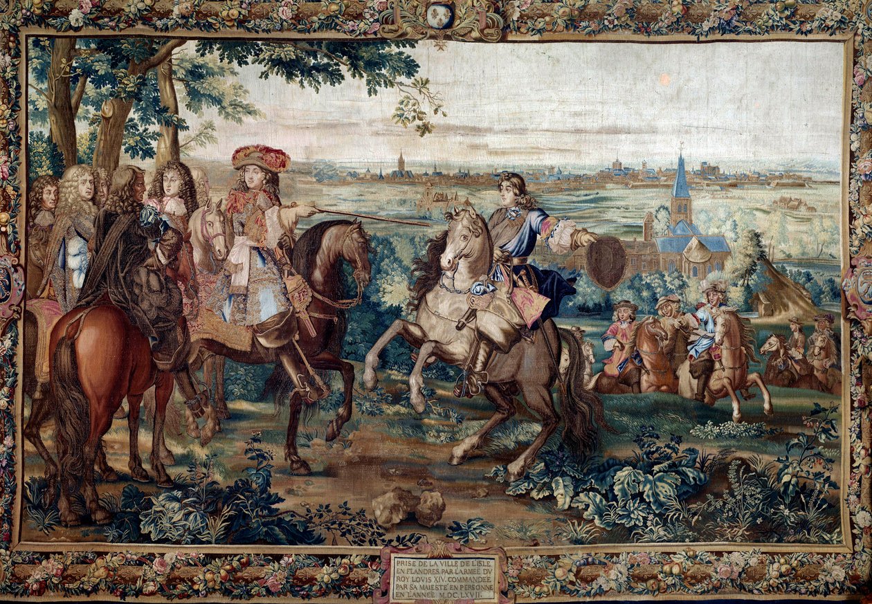 Pokračování z Histoire du Roi: „“ Dobytí Lille Ludvíkem XIV., srpen 1667 podle kartonu Saint Andre. Obraz z dílny Jeana Mozina (17. století) v továrně Gobelins. Ztlumit. 3,7x5,5m. Versailles, zámecké muzeum od Jean (workshop) Mozin