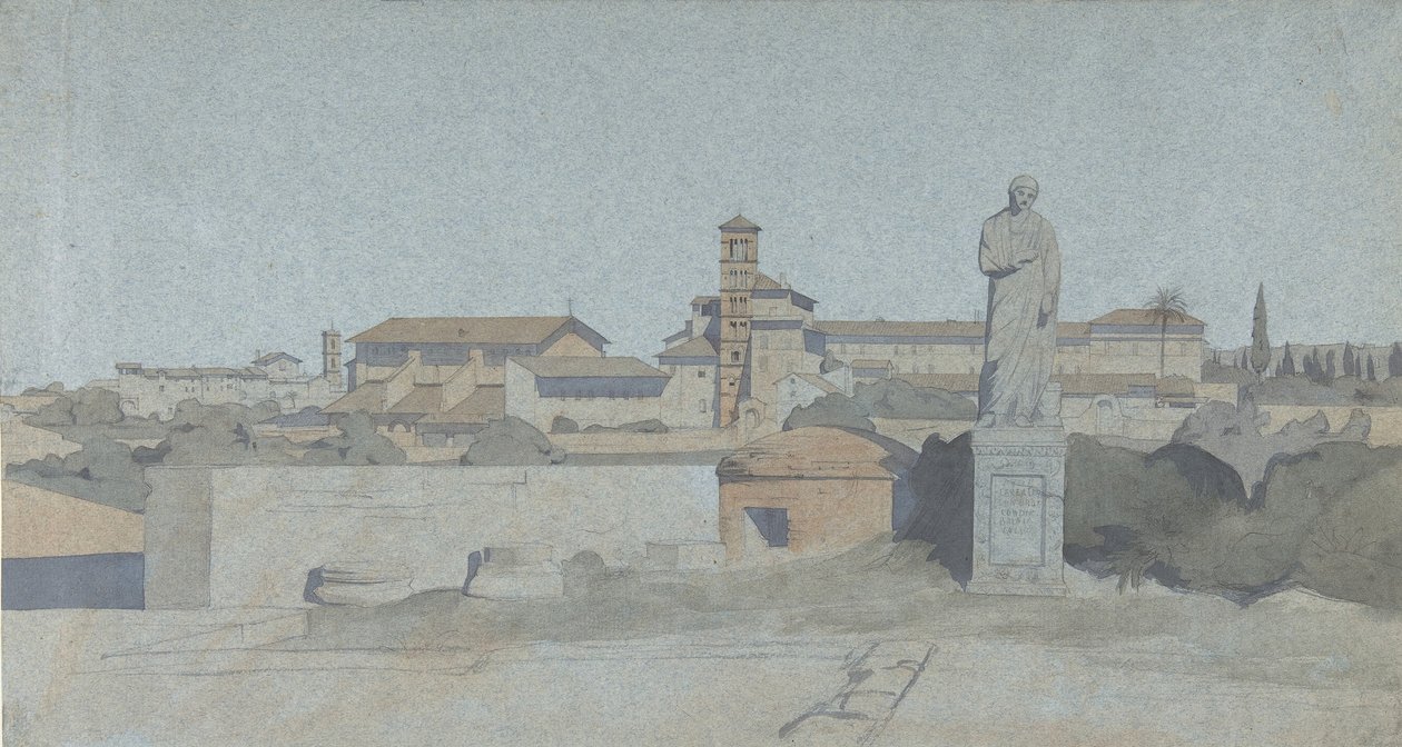 SS. Giovanni e Paolo, při pohledu z Villa Mattei, Řím, . od Jean Achille Benouville