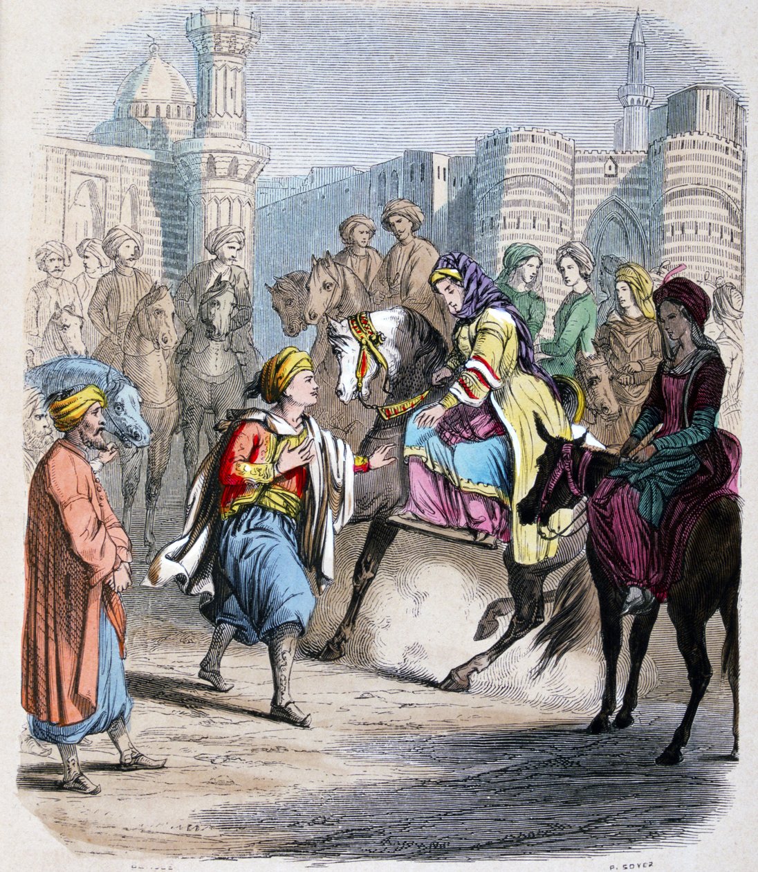 Emina Nosratli doprovází svého vítězného syna Ibrahima Pašu (1789-1848) při návratu do Káhiry po arabském tažení v roce 1818 - Emina El Nosratli (matka Ibrahima Paši) očekává vítězný příjezd svého syna do Káhiry po arabském tažení v roce 1818. Akvarel od Jean Adolphe Beauce