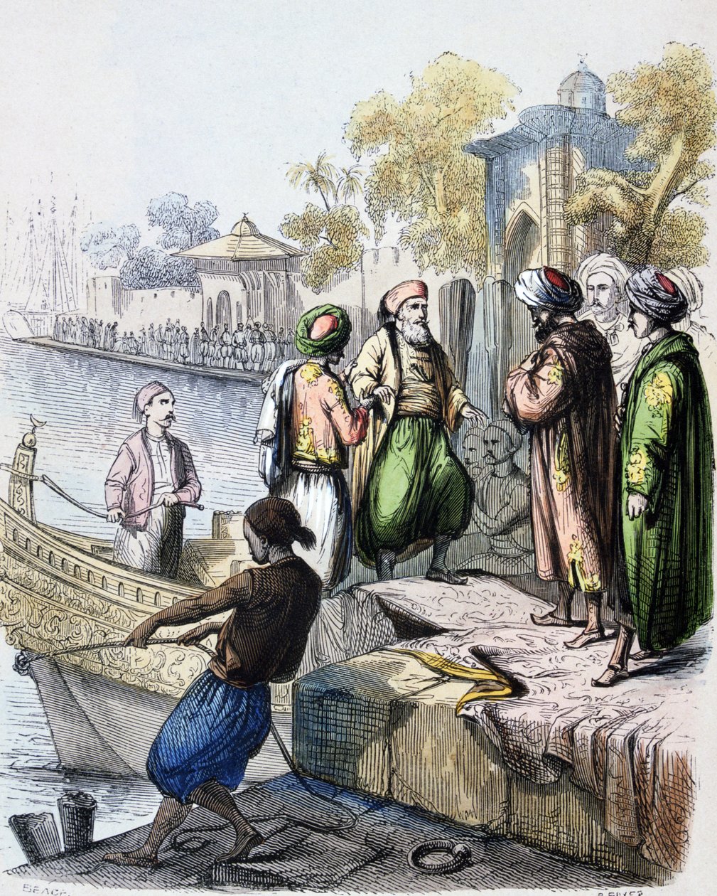 Mehmet Ali (1769-1849) přijíždí do Konstantinopole - 1828: Mehmet Ali přijíždí do Konstantinopole (Istanbul, Turecko) 1846, akvarel, francouzský malíř Jean-Adolphe Beauce (1818-1875). Muhammad Ali paša nebo Mehmet Ali; 1769 - 1849. Osmanská albánská čárka od Jean Adolphe Beauce
