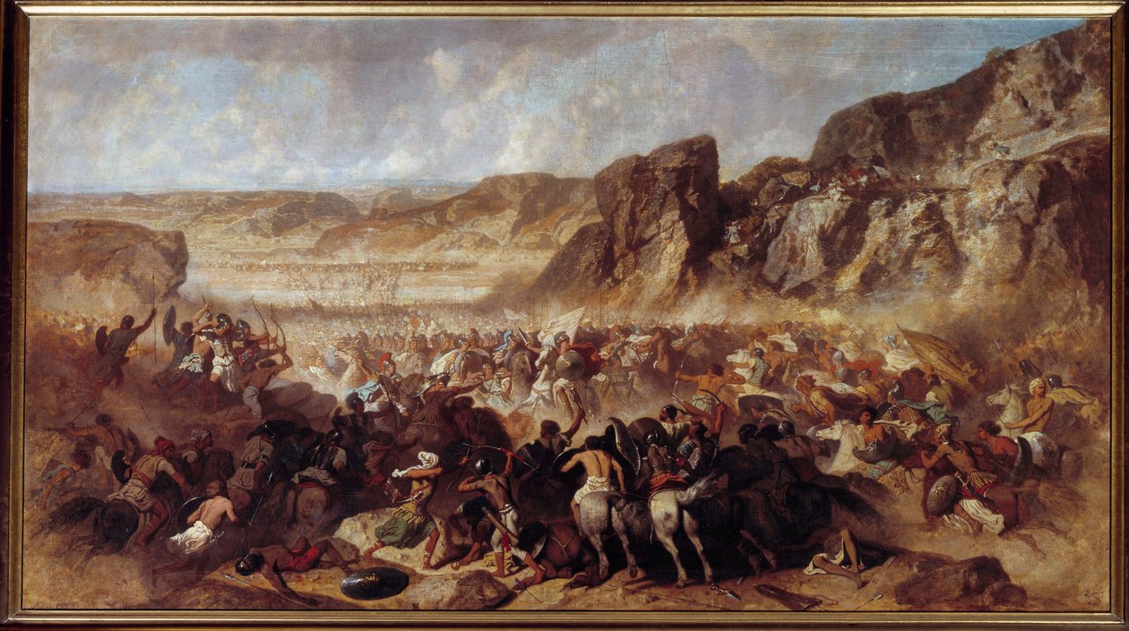 Epizoda Ústupu deseti tisíc (Ilustrace Anabase”” od Xenofónta) Deset tisíc jsou řečtí žoldnéři, které narukoval perský princ Cyrus mladší (424–401 př. n. l.) do boje proti svému bratru Artaxerxovi II. (404–358) PŘED NAŠÍM LETOPOČTEM). Painti od Jean Adrien Guignet