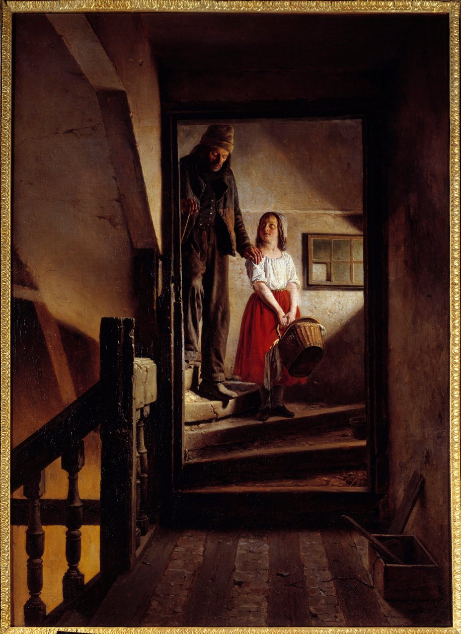 Hůl stáří Holčička pomáhá starému muži sestoupit ze schodů. Obraz Jean Alphonse Roehn (1799-1864) 1852 Rouen, Musee des Beaux Arts od Jean Alphonse Roehn