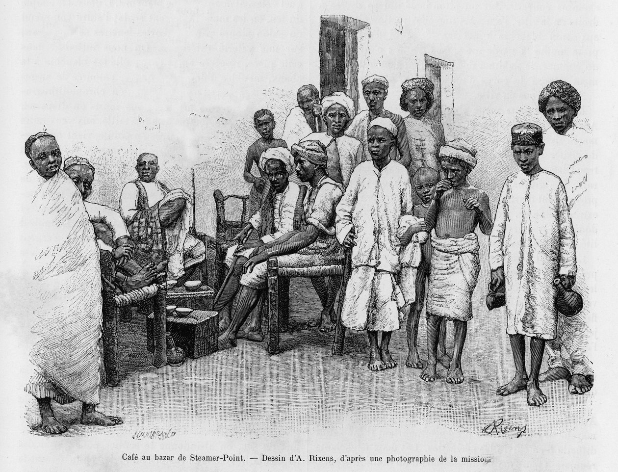 Kavárna na Steamer Point Bazaar, Aden, Jemen. Rytina od A.Rixense k ilustraci příběhu A Suse, journal des excavilles od Jean Andre Rixens